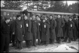 WW 2: french POWs in front of train, Kreuzlingen 1945.