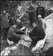 Landslide in Maggia valley; preparations for blasting to liberate street from rubble; 1950.