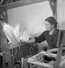 Woman braiding straw around a chair, 1940.