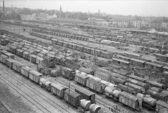 WW 2: Bomb airdrop, dropping; railroad shunting yard 'Wolf' Basle 1945.