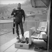 Diver with modern diving suit, 1955.