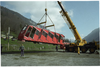 Crane lifting railway car, 1997.