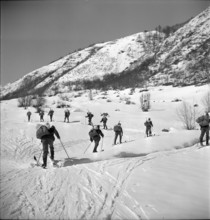 Soldiers ski-hiking  in the Lötschental; 1940.