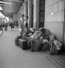 Stranded tourists due to strike in France, 1953.