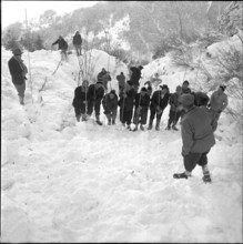 Three workers buried by avalanche near Grindelwald: men searching for the missed persons; 1956.