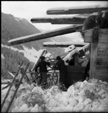Jaun, 29 buildings destroyed by avalanche in the evacuated village; 1954.