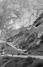 Traffic diversion after rock slip, Gotthard pass road 1969.