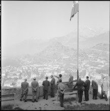 Federal councillors, viewpoint upside Sion, Valais; 1957.