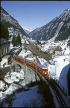 Schollenen train at the railway station Göschenen 1980.