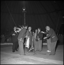 Charles Chaplin with his double Charlot at Circus Knie, 1954.