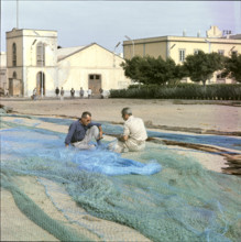 Fishermen repairing nets on Tenerife 1970.