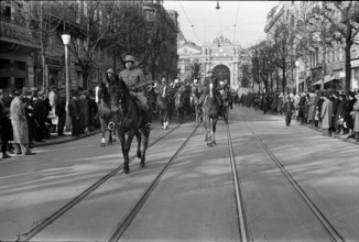 Procession; soldiers, horses; 1940.