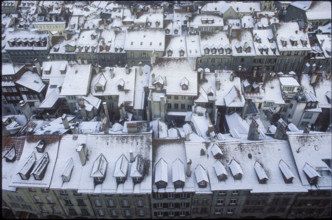 Snow-covered roofs of Bernese old town 1980.