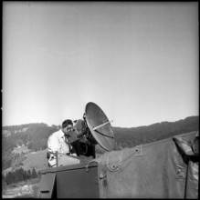 Soldier at radar antenna of fire control system, Studen 1959.