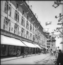 May 8th. 1945: Armistice's day in Geneva, houses with flags.