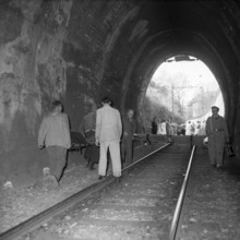 Simulated train crash for practising first aid, 1955.
