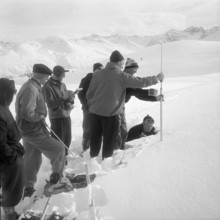 Avalanche training of a mountain rescue team, 1956.
