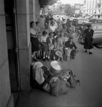 Stranded tourists due to strike in France, 1953.