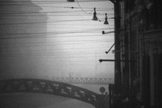 1975, Milan, Navigli in fog.