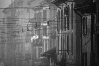 1975, Milan, Navigli in fog.