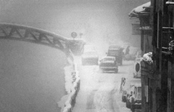 1975, Milan, Navigli winter with snow.