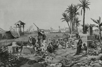 Arabic customs: a snake charmer. Engraving by Arturo Carretero (1852-1903) after a painting by the