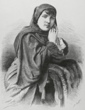 Chilean lady wearing dress for church. Drawing by Alfredo Perea. Engraving by Arturo Carretero