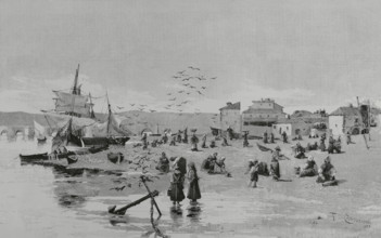 History of Spain. Galicia. The beach of Vivero (Viveiro). Engraving after a painting by Tomas