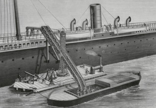 Floating coal elevator. Designed and constructed by James Rigg, a British engineer from Chester. It