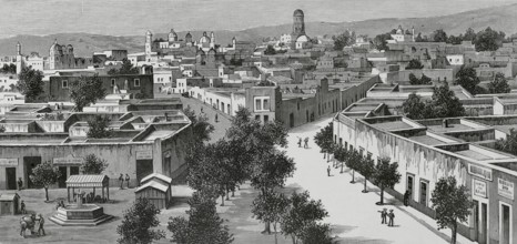 Queretaro, Mexico. Panoramic view of the city. Drawing by Nao. Engraving. La Ilustracion Espanola y