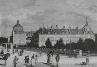 Aranjuez, Spain. The Royal Palace. Exterior view. Drawing by Juan Comba. Engraving. La Ilustracion