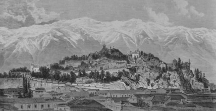 Santiago (Santiago de Chile), Chile. Santa Lucia Hill and snowy mountain range. Engraving. La