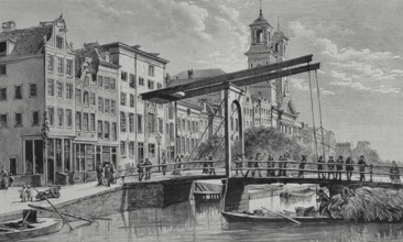 Amsterdam, Netherlands. Canal Houtgracht with drawbridge. Engraving by Tomas Carlos Capuz