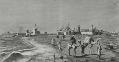 Mogador (now Essaouira), Morocco. General view. Drawing from life by E. Alvarez Dumont. Engraving.
