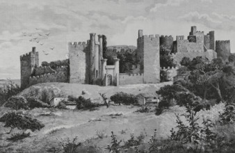 Ponferrada, Spain Templar castle. Drawing by Campuzano. Engraving by Rico. La Ilustracion Espanola