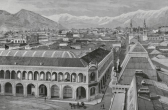 Santiago (Santiago de Chile), Chile. Partial view of the city and the nearby hills. 1: hill called