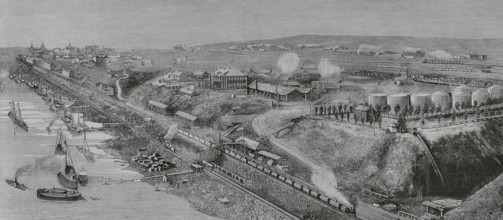 Tsaritsyn (present-day Volgograd), Russia. General view of the port and town. Storage tanks of
