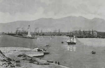 Marseille, France. View of the new port, taken from the sea, in front of the lighthouse. Engraving