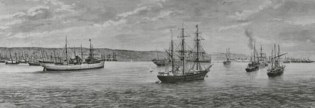 Port of Mahon (Port of Mao), Minorca, Balearic Islands, Spain. Ships anchored in front of the