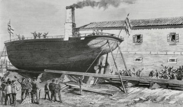 Spanish industry, 19th century. Ferrol, Galicia. Launching of the first iron ship built in the
