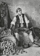 History of Spain, 19th century. Aragonese vendor of peaches. Engraving by Bernardo Rico (1825-1894)