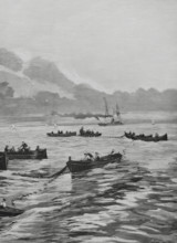 Spain. Sardine fishing off the Galician coast. Drawing by A. de Caula. Engraving by Arturo