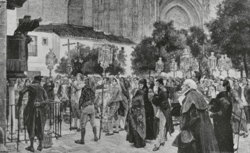 History of Spain. Andalusia. Seville Cathedral. A sermon in the Orange Tree Courtyard. Engraving by
