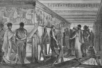 Phidias (490-425 BC). Sculptor of Ancient Greece. Phidias showing the frieze of the Parthenon to