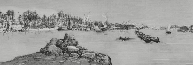 Aswan, Egypt. Entrance to the first cataract of the Nile river. Engraving by Bernardo Rico