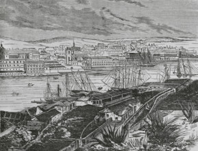 Havana, Cuba. View from Casablanca. Engraving by Soriano. Cronica General de Espana, Historia