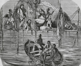 History of Cuba. Sponge fishermen's dwellings in Nuevitas Bay, Camaguey province. Engraving.