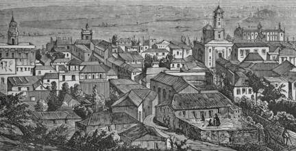 Trinidad (Villa de la Santisima Trinidad), Cuba. General view of the town. Engraving. Cronica