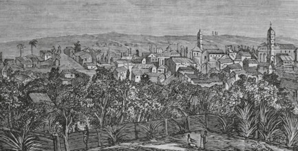 Guanabacoa, Cuba. General view of the town. Engraving by Traver. Cronica General de Espana,