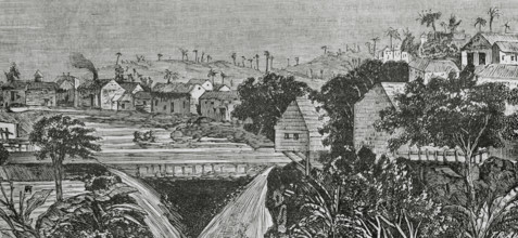Puentes Grandes, Cuba. General view of the town. Engraving by Traver. Cronica General de Espana,